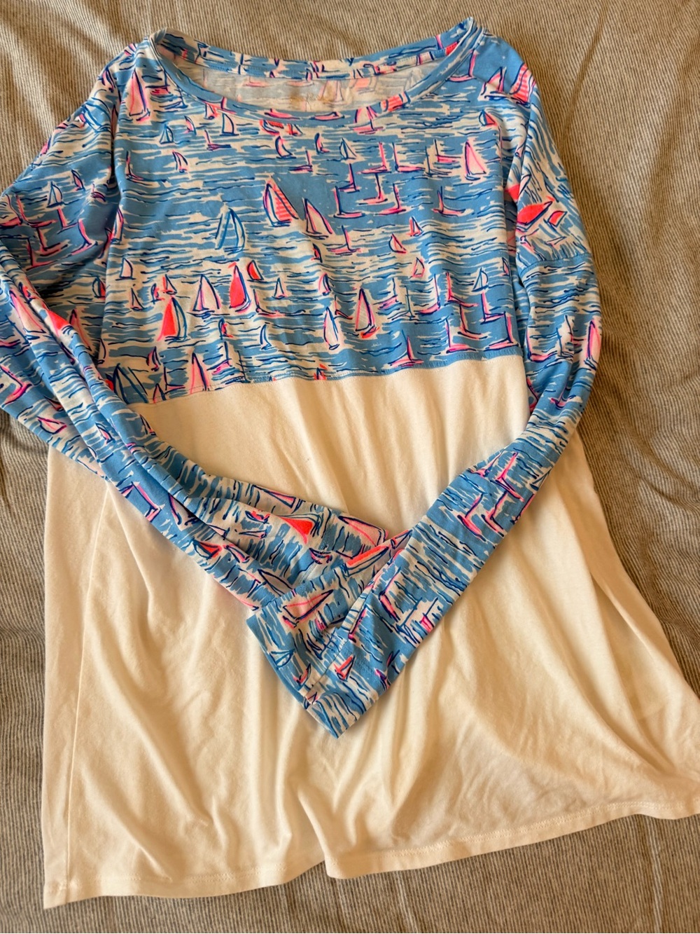 Lilly Pulitzer Blue Sailboat Print Long Sleeve Top with White Body